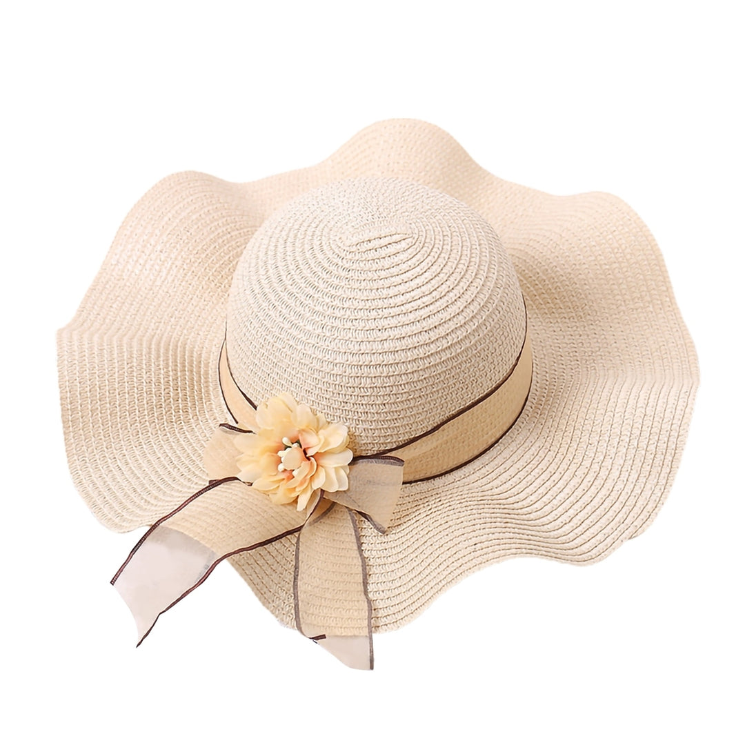 Flower Decor Lace-up Bowknot Round Dome Sun Hat Women Big Wave Brim Floppy Straw Hat Fashion Accessories Image 3