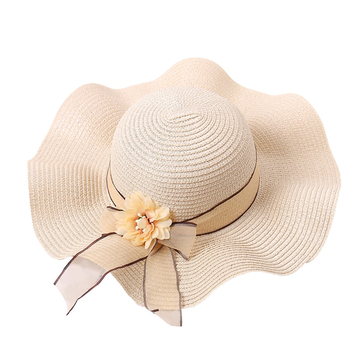 Flower Decor Lace-up Bowknot Round Dome Sun Hat Women Big Wave Brim Floppy Straw Hat Fashion Accessories Image 3