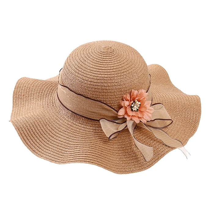 Flower Decor Lace-up Bowknot Round Dome Sun Hat Women Big Wave Brim Floppy Straw Hat Fashion Accessories Image 1