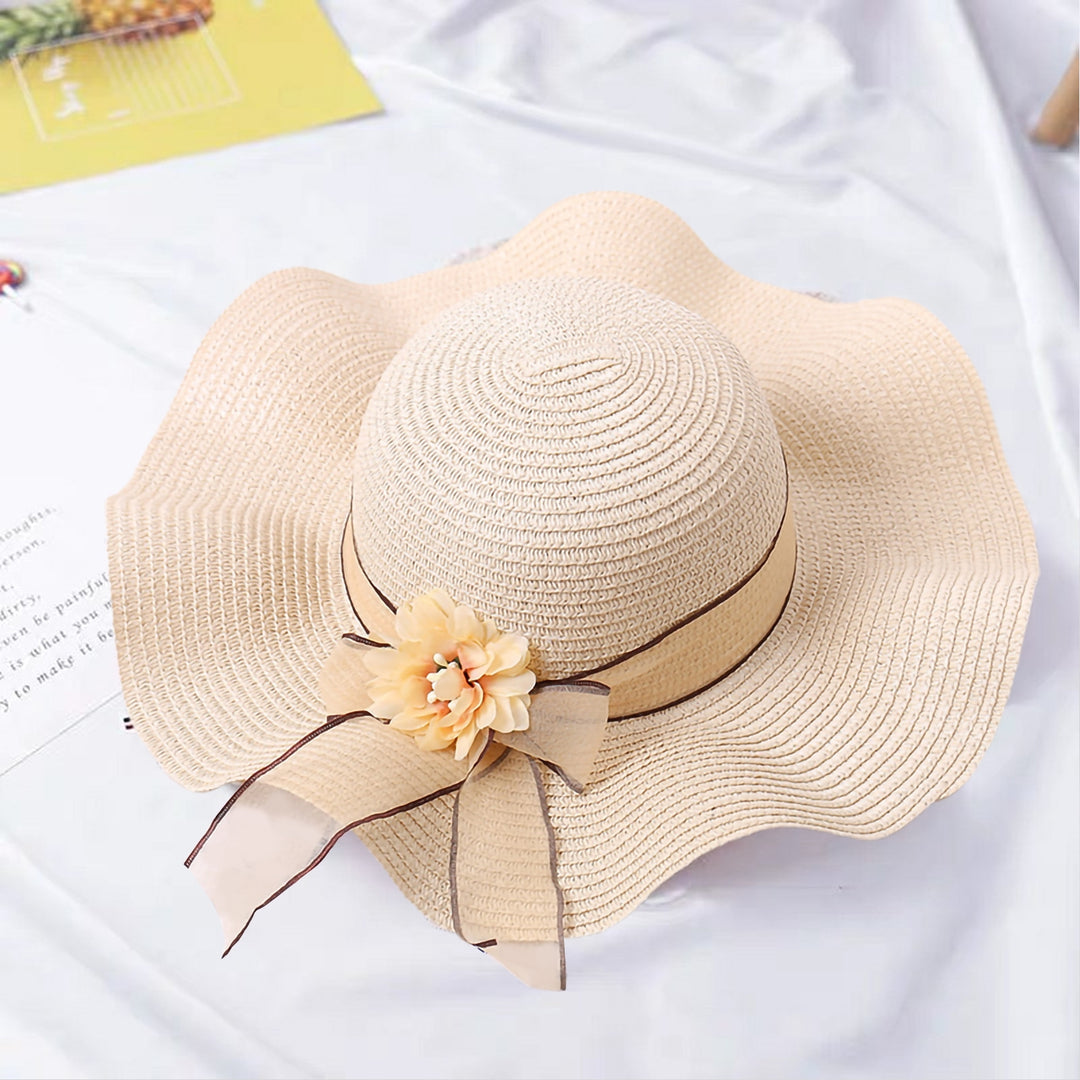 Flower Decor Lace-up Bowknot Round Dome Sun Hat Women Big Wave Brim Floppy Straw Hat Fashion Accessories Image 6