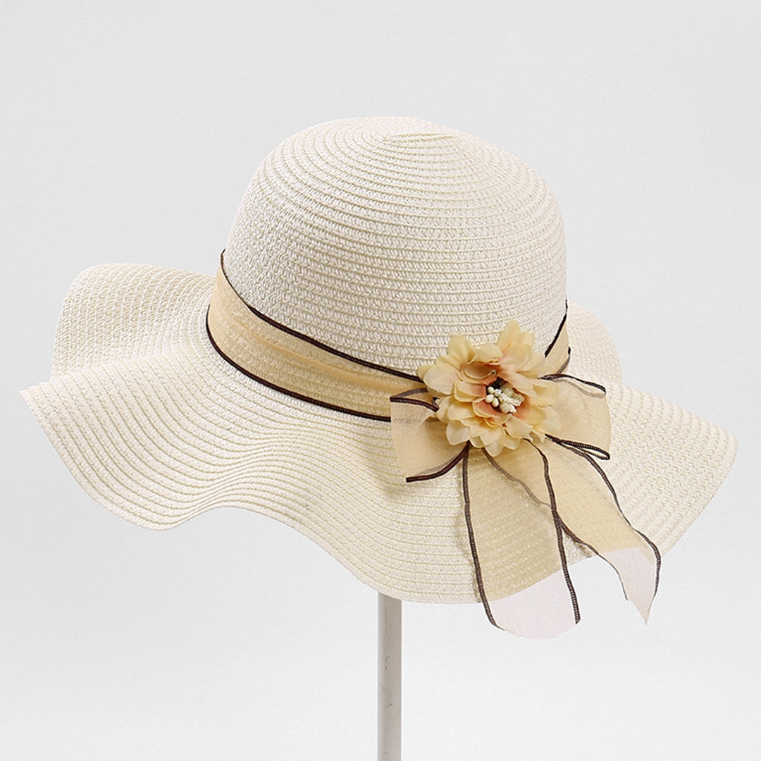 Flower Decor Lace-up Bowknot Round Dome Sun Hat Women Big Wave Brim Floppy Straw Hat Fashion Accessories Image 8