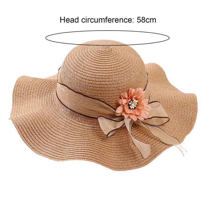 Flower Decor Lace-up Bowknot Round Dome Sun Hat Women Big Wave Brim Floppy Straw Hat Fashion Accessories Image 9