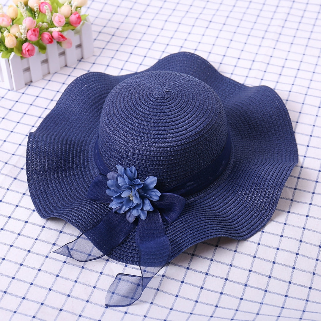 Flower Decor Lace-up Bowknot Round Dome Sun Hat Women Big Wave Brim Floppy Straw Hat Fashion Accessories Image 12