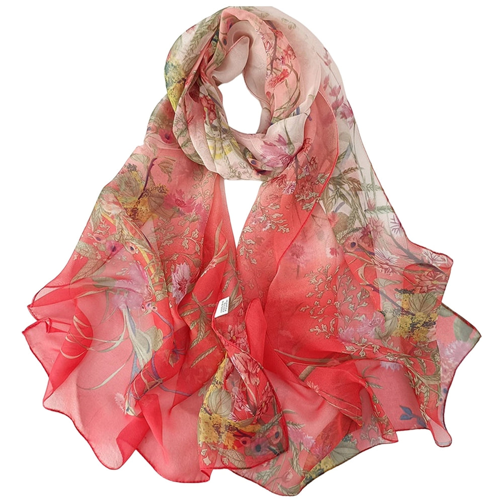 Women Summer Scarf Grass Flower Print Thin See-through Wide Neck Protection Sunscreen Breathable Image 2