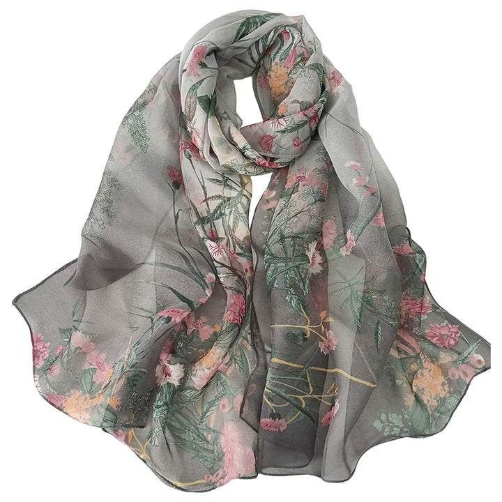 Women Summer Scarf Grass Flower Print Thin See-through Wide Neck Protection Sunscreen Breathable Image 3