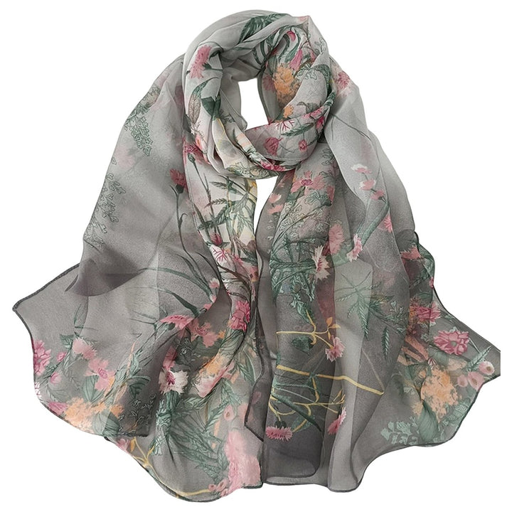 Women Summer Scarf Grass Flower Print Thin See-through Wide Neck Protection Sunscreen Breathable Image 1