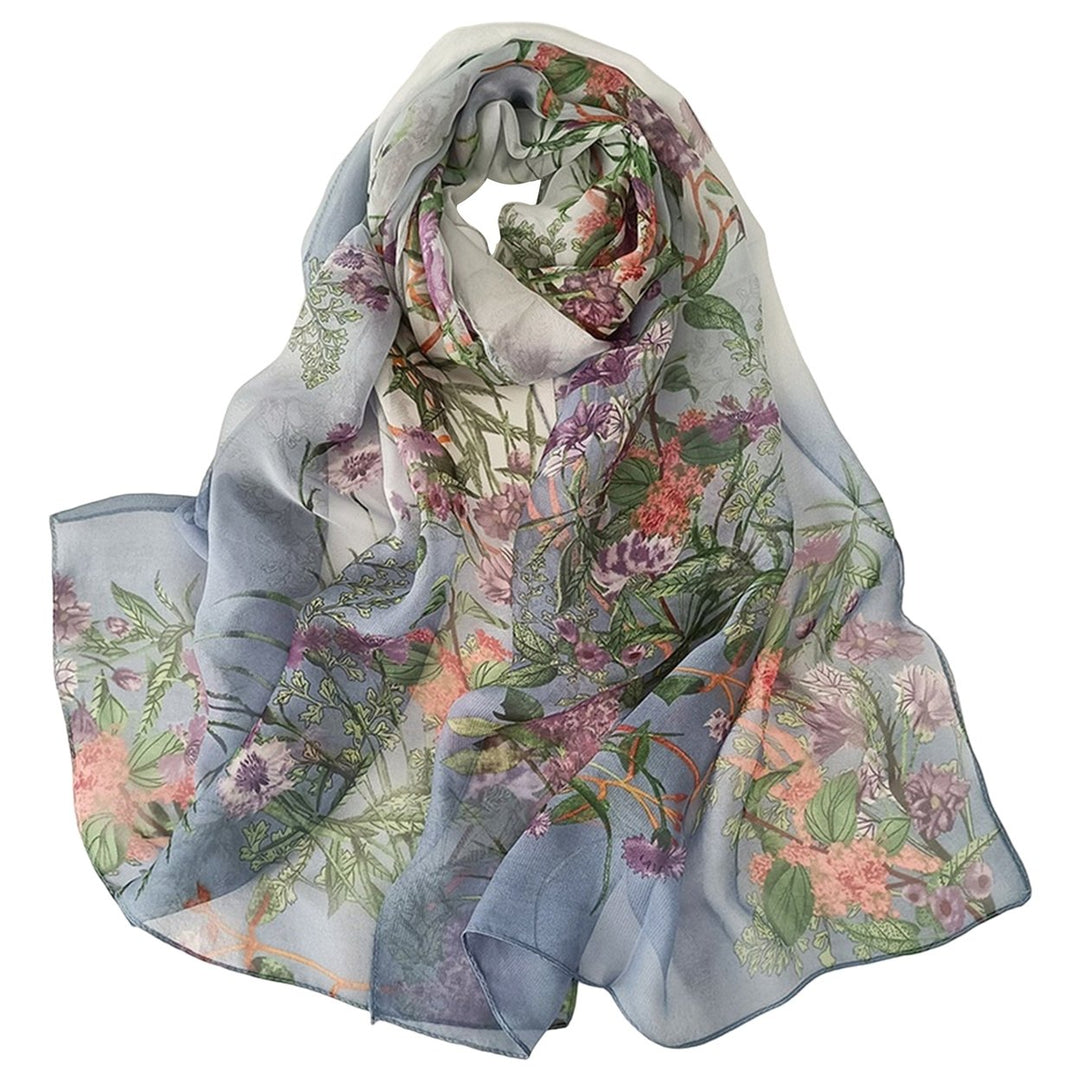 Women Summer Scarf Grass Flower Print Thin See-through Wide Neck Protection Sunscreen Breathable Image 1