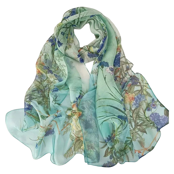 Women Summer Scarf Grass Flower Print Thin See-through Wide Neck Protection Sunscreen Breathable Image 6