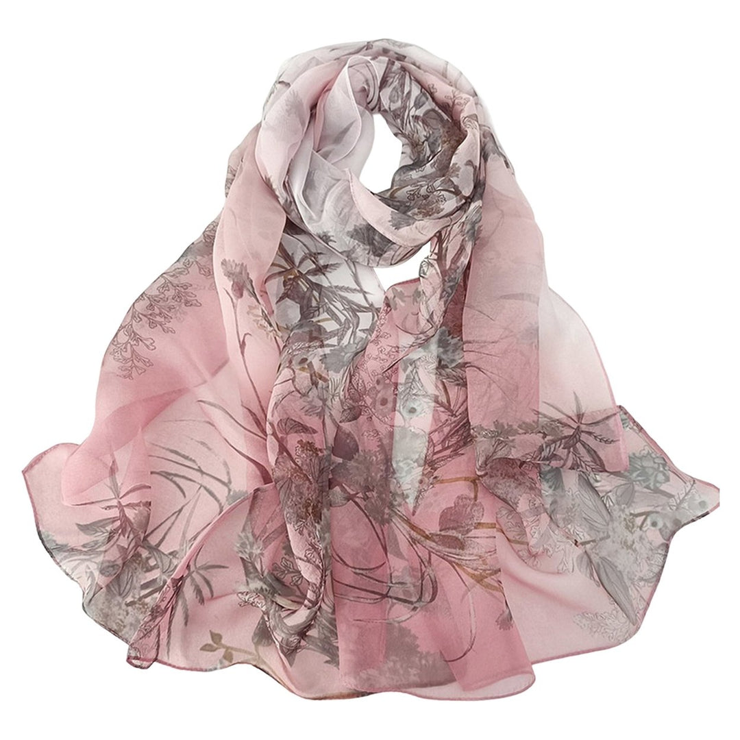 Women Summer Scarf Grass Flower Print Thin See-through Wide Neck Protection Sunscreen Breathable Image 1