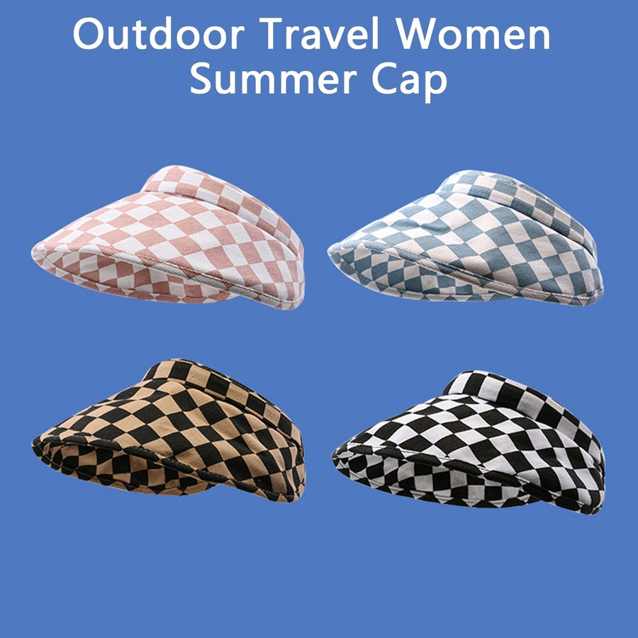 Women Sun Hat Wide Brim Empty Top Plaid Print Anti-UV Contrast Color Sunscreen Face Protection Gardening Lady Sun Cap Image 1