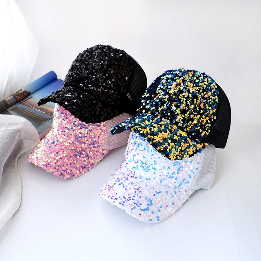 Shiny Sequins Breathable Net Stitching Extended Brim Baseball Hat Sunscreen Bright Color Stage Sun Hat Fashion Image 1