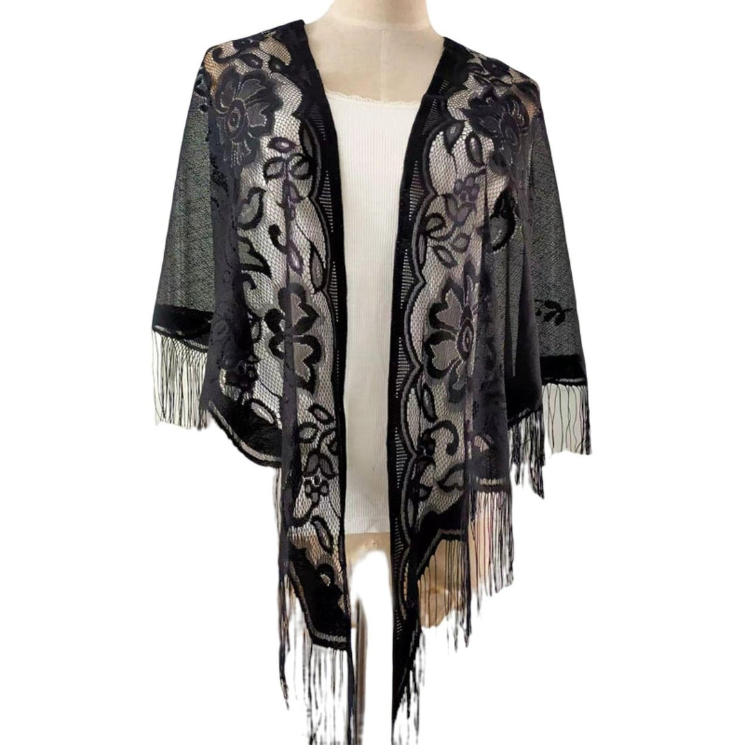 Tassel See-through Thin Solid Color Beach Shawl Oversized Crochet Flower Printing Beach Cover-up Image 1