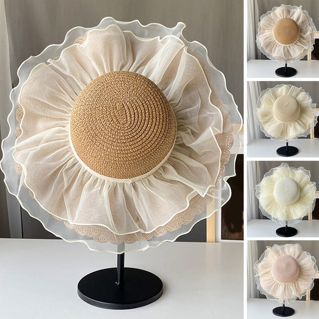 Net Yarn Decor Round Dome Beach Hat Women Big Brim Sunscreen Floppy Straw Hat Fashion Accessories Image 1