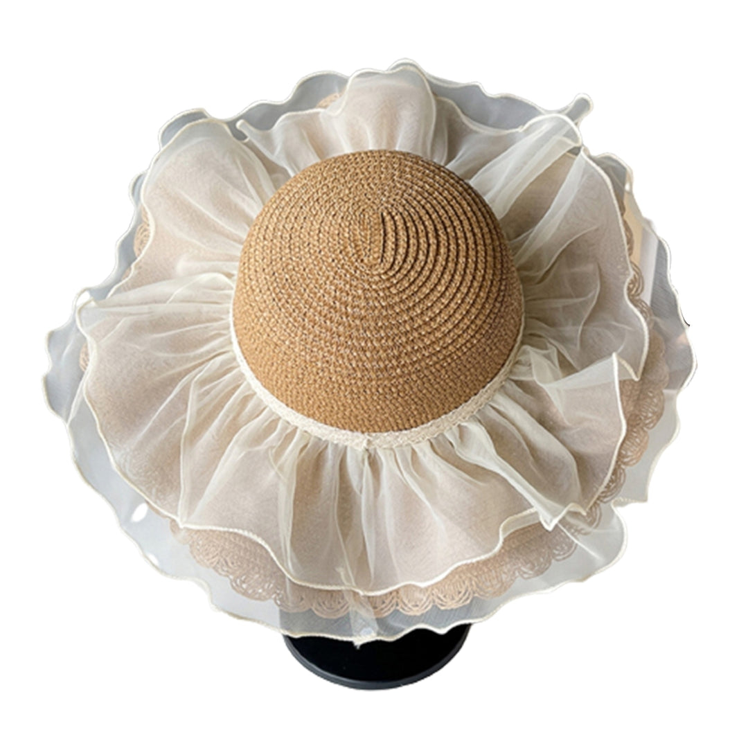 Net Yarn Decor Round Dome Beach Hat Women Big Brim Sunscreen Floppy Straw Hat Fashion Accessories Image 4