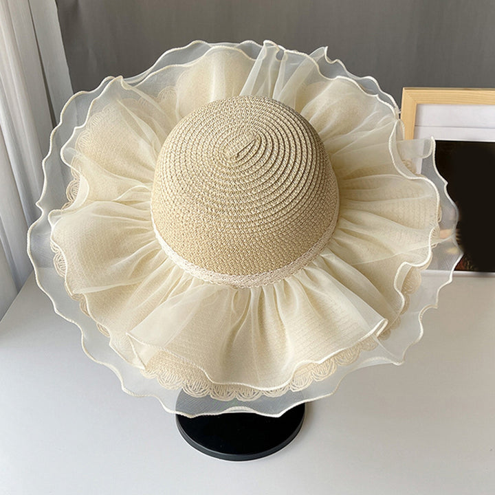 Net Yarn Decor Round Dome Beach Hat Women Big Brim Sunscreen Floppy Straw Hat Fashion Accessories Image 6