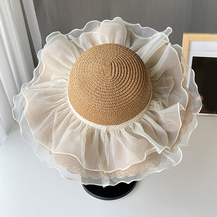 Net Yarn Decor Round Dome Beach Hat Women Big Brim Sunscreen Floppy Straw Hat Fashion Accessories Image 7