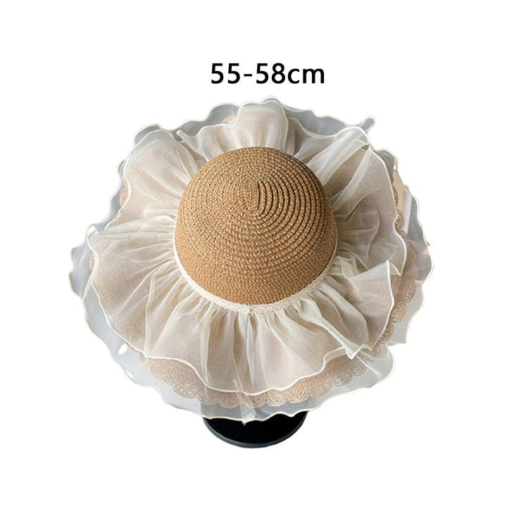 Net Yarn Decor Round Dome Beach Hat Women Big Brim Sunscreen Floppy Straw Hat Fashion Accessories Image 9