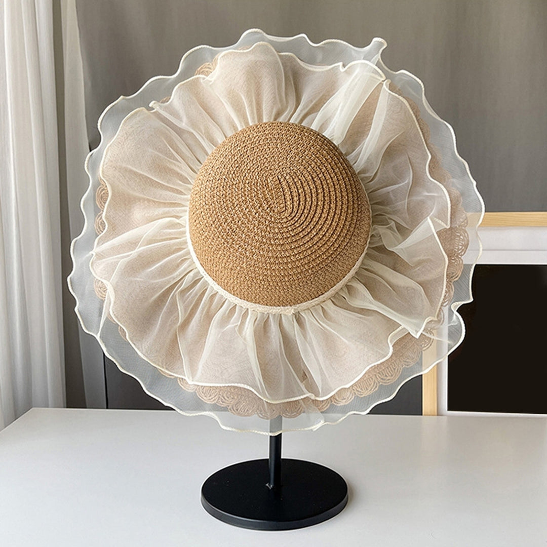 Net Yarn Decor Round Dome Beach Hat Women Big Brim Sunscreen Floppy Straw Hat Fashion Accessories Image 11