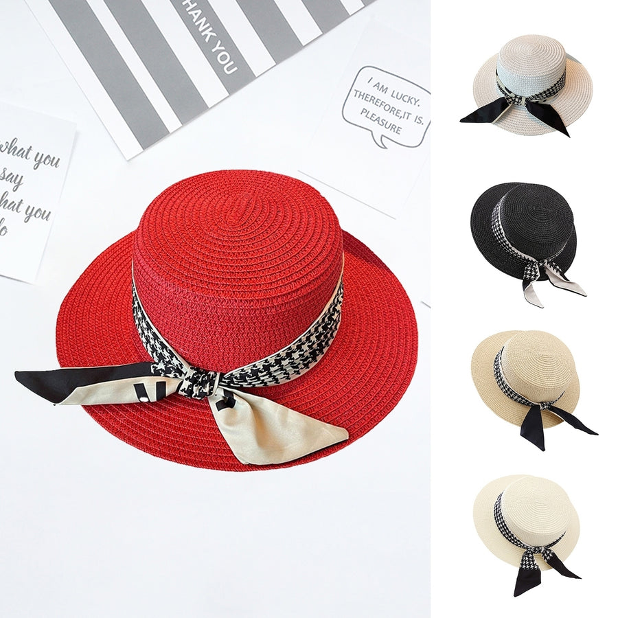 Ribbon Lace-up Decor Flat Dome Sun Hat Women Wide Brim Sunscreen Straw Hat Fashion Accessories Image 1