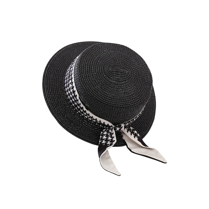 Ribbon Lace-up Decor Flat Dome Sun Hat Women Wide Brim Sunscreen Straw Hat Fashion Accessories Image 2