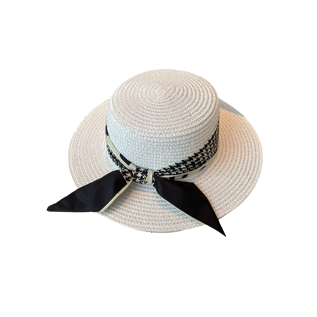 Ribbon Lace-up Decor Flat Dome Sun Hat Women Wide Brim Sunscreen Straw Hat Fashion Accessories Image 3