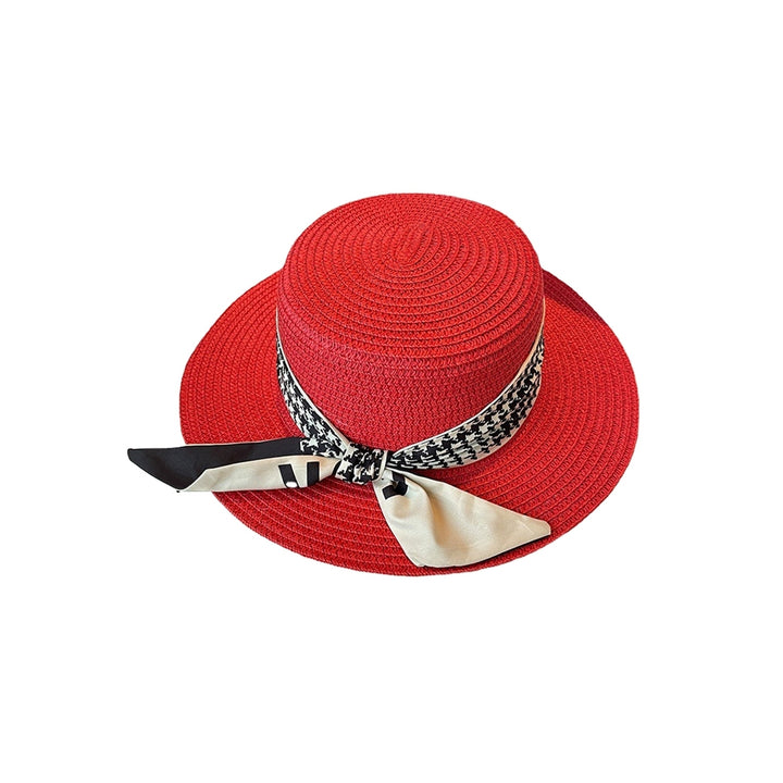 Ribbon Lace-up Decor Flat Dome Sun Hat Women Wide Brim Sunscreen Straw Hat Fashion Accessories Image 4