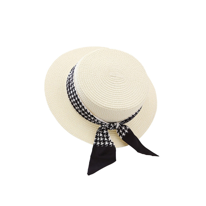 Ribbon Lace-up Decor Flat Dome Sun Hat Women Wide Brim Sunscreen Straw Hat Fashion Accessories Image 4