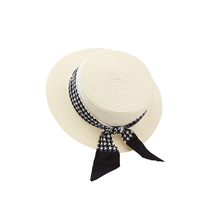 Ribbon Lace-up Decor Flat Dome Sun Hat Women Wide Brim Sunscreen Straw Hat Fashion Accessories Image 1