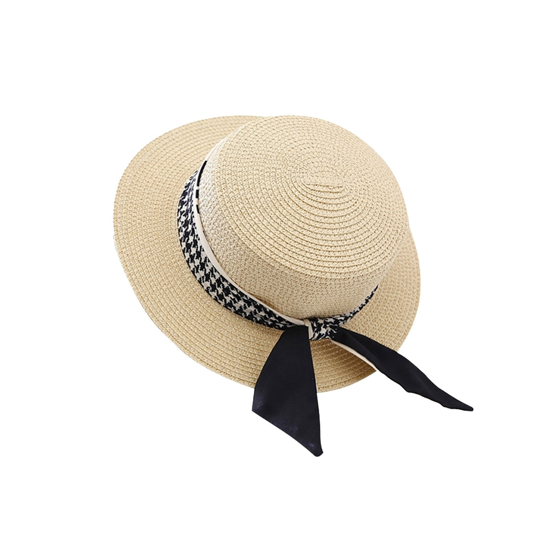 Ribbon Lace-up Decor Flat Dome Sun Hat Women Wide Brim Sunscreen Straw Hat Fashion Accessories Image 6