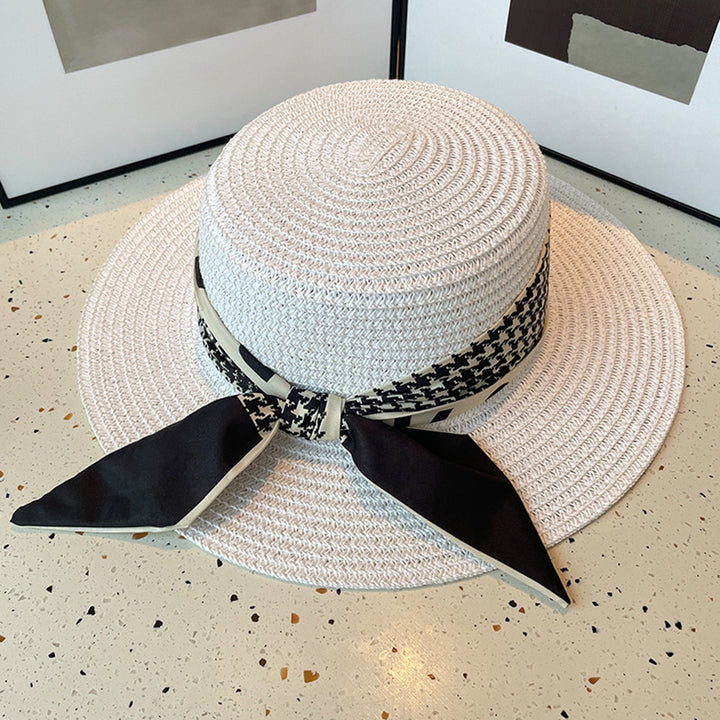 Ribbon Lace-up Decor Flat Dome Sun Hat Women Wide Brim Sunscreen Straw Hat Fashion Accessories Image 7