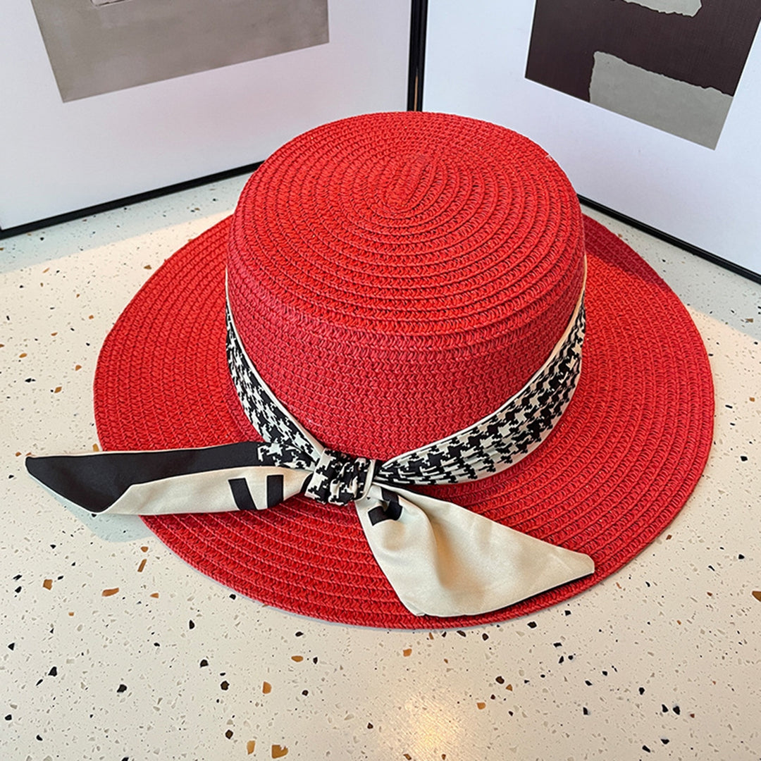 Ribbon Lace-up Decor Flat Dome Sun Hat Women Wide Brim Sunscreen Straw Hat Fashion Accessories Image 8