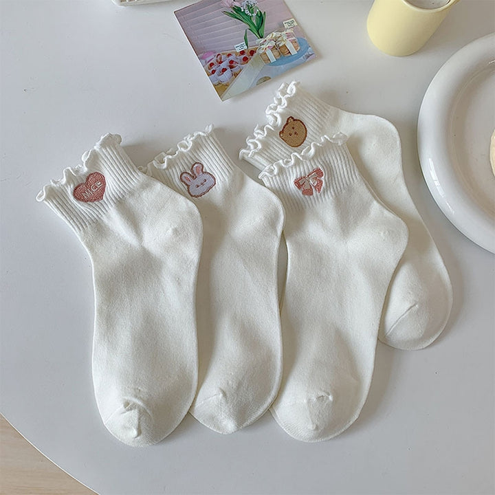 1 Pair Women Low Tube Socks Cartoon Embroidery Keep Warm Bunny Bow-knot Pattern Women Spring Socks Clothes Accessory Image 1
