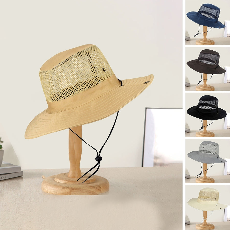 Women Fisherman Hat Hollow Out Breathable Wide Brim Windproof Strap Sunscreen Foldable Mountaineering Hat Sun Hat Image 1