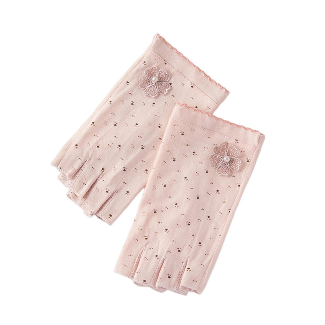 1 Pair Half Finger Lace Cuffs Imitation Pearls Flower Decor Floral Print Riding Gloves Girls Outdoor Riding Sunscreen Image 3