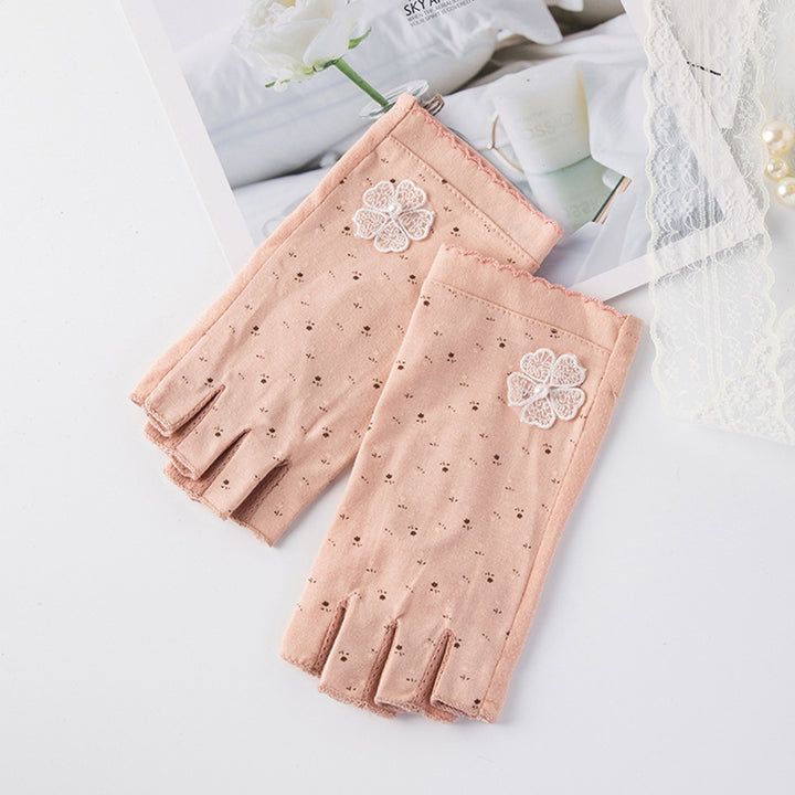 1 Pair Half Finger Lace Cuffs Imitation Pearls Flower Decor Floral Print Riding Gloves Girls Outdoor Riding Sunscreen Image 11