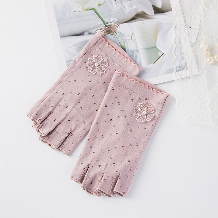 1 Pair Half Finger Lace Cuffs Imitation Pearls Flower Decor Floral Print Riding Gloves Girls Outdoor Riding Sunscreen Image 12