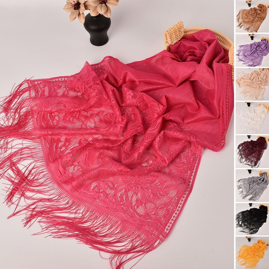 Women Summer Shawl See-through Mesh Thin Tassel Solid Color Soft Decorative Lace Malaysia Women Head Wrap Clothes Image 1