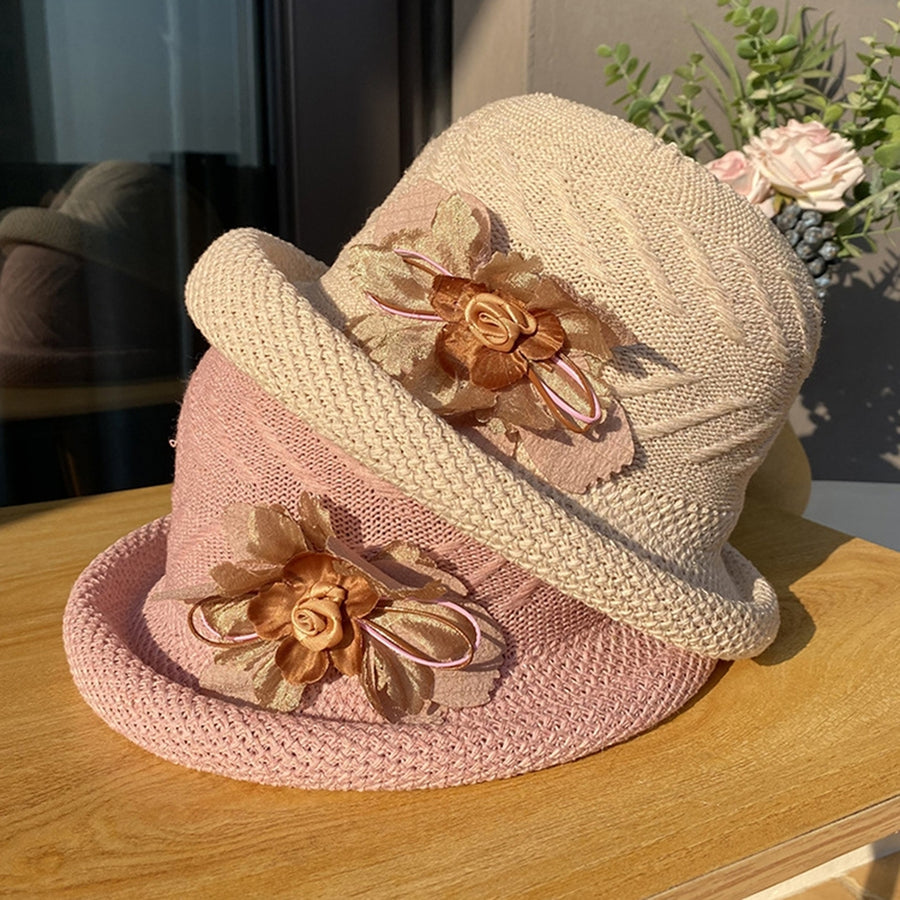 Women Fisherman Hat Flower Decor Flat Top Short Brim Solid Color Breathable Decorative Anti-UV Foldable Knitted Summer Image 1