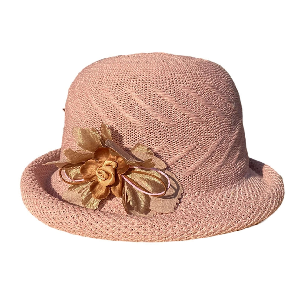 Women Fisherman Hat Flower Decor Flat Top Short Brim Solid Color Breathable Decorative Anti-UV Foldable Knitted Summer Image 2