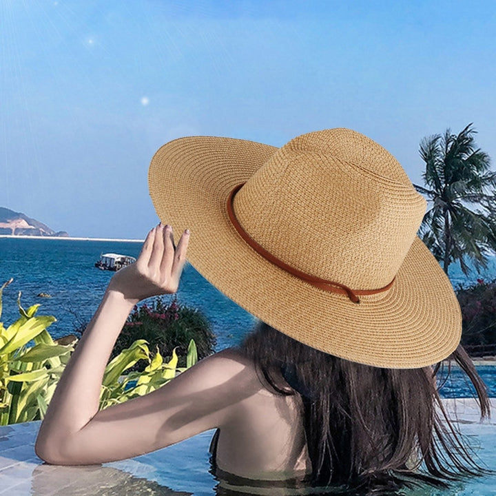 Adjustable Windproof Rope Solid Color Folding Straw Hat Unisex Big Brim Sunscreen Floppy Sun Hat Fashion Accessories Image 4