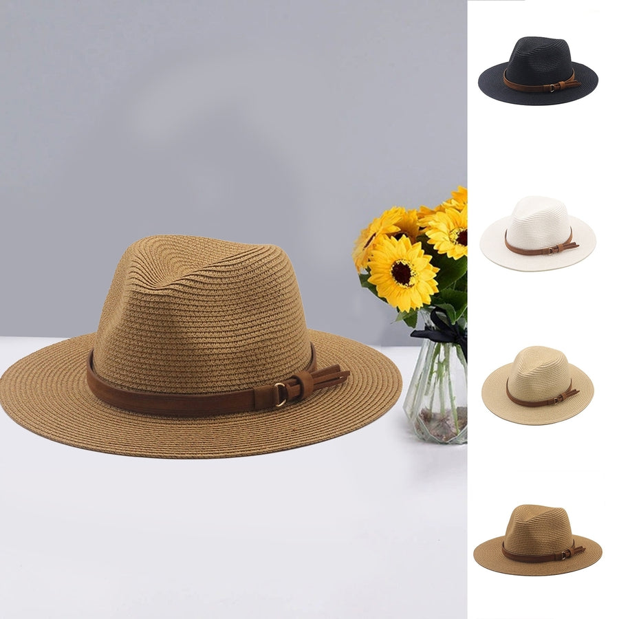 Women Straw Hat Solid Color Belt Decor Round Short Brim Sunscreen Anti-UV Breathable Outdoor Travel Men Jazz Hat Image 1