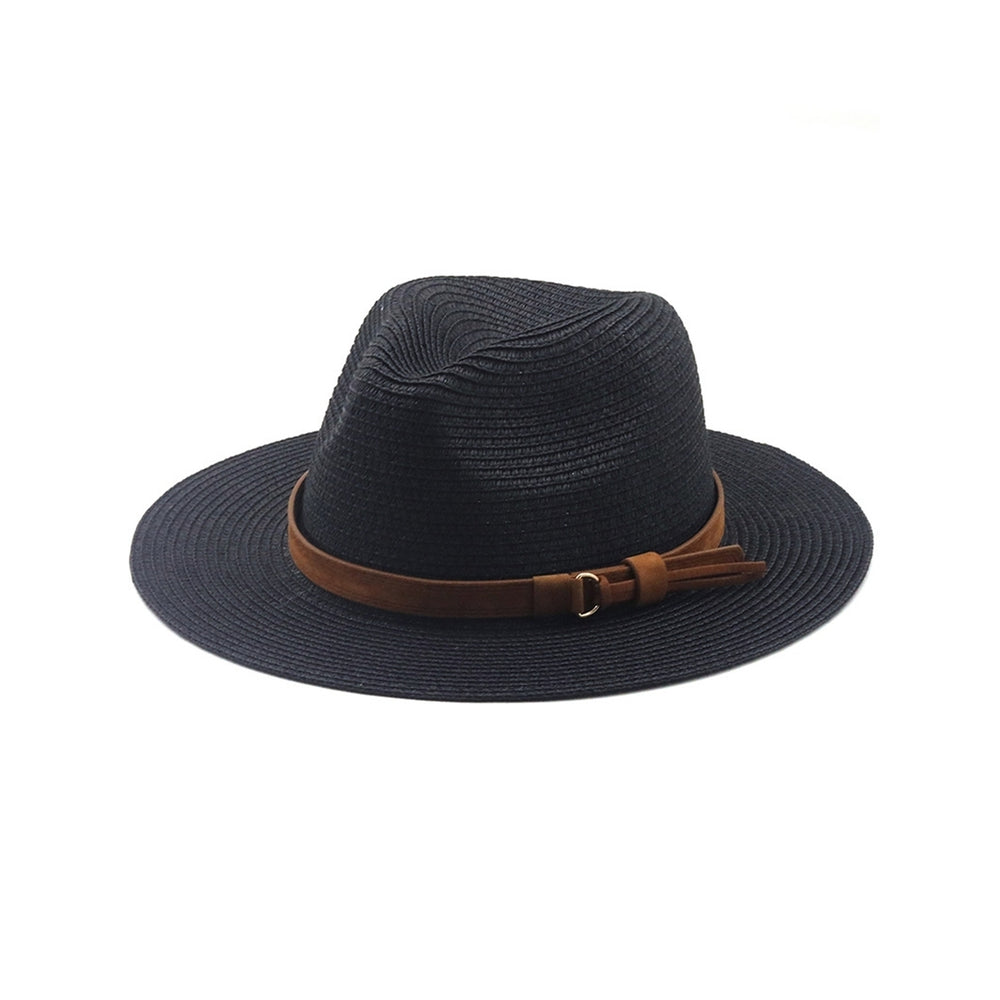 Women Straw Hat Solid Color Belt Decor Round Short Brim Sunscreen Anti-UV Breathable Outdoor Travel Men Jazz Hat Image 2