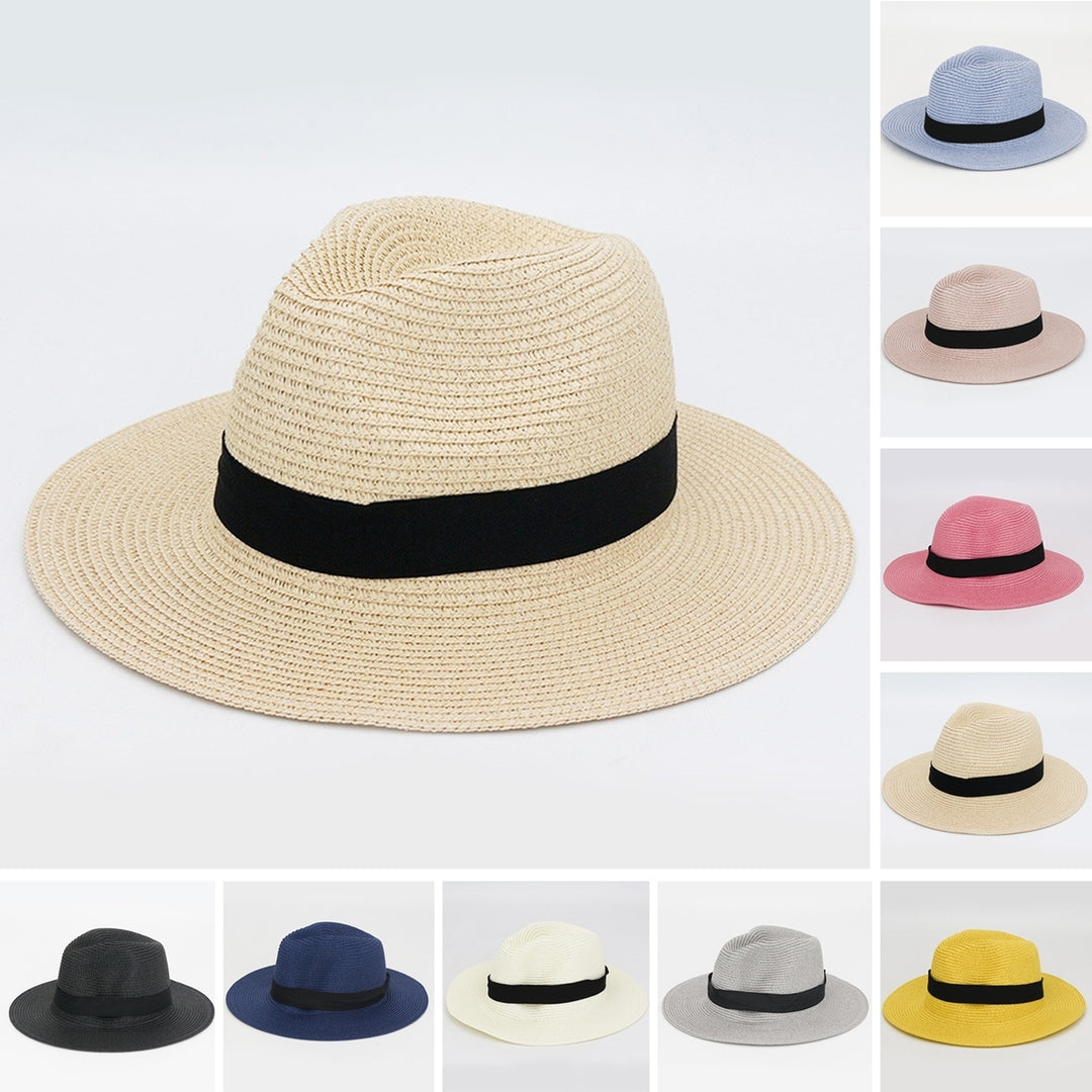 Band Decor Folding Thin Straw Hat Unisex Big Brim Sunscreen Jazz Hat Fashion Accessories Image 1