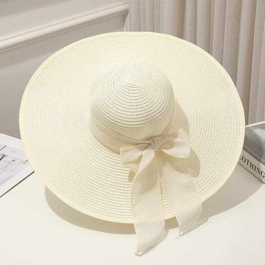 Women Fisherman Hat Bow-knot Decor Solid Color Wide Brim Round Decorative Sunscreen Foldable Strap Women Straw Hat Image 1