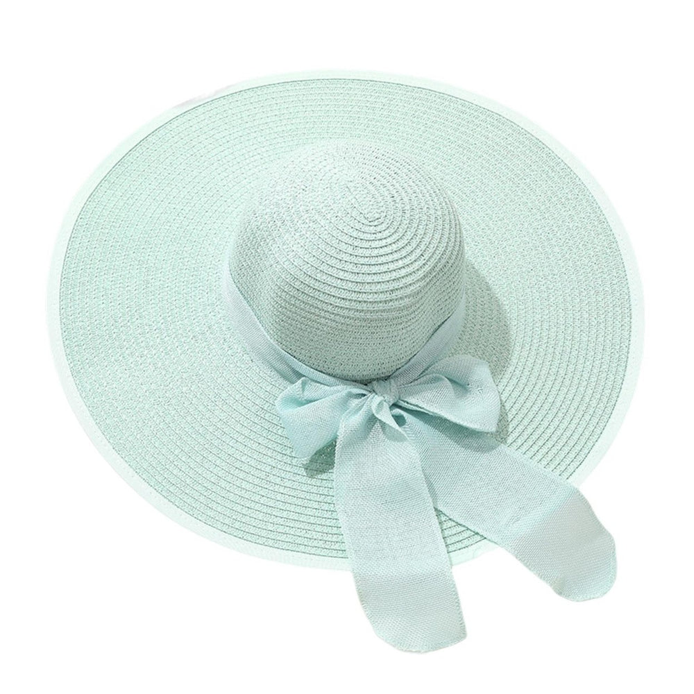 Women Fisherman Hat Bow-knot Decor Solid Color Wide Brim Round Decorative Sunscreen Foldable Strap Women Straw Hat Image 2