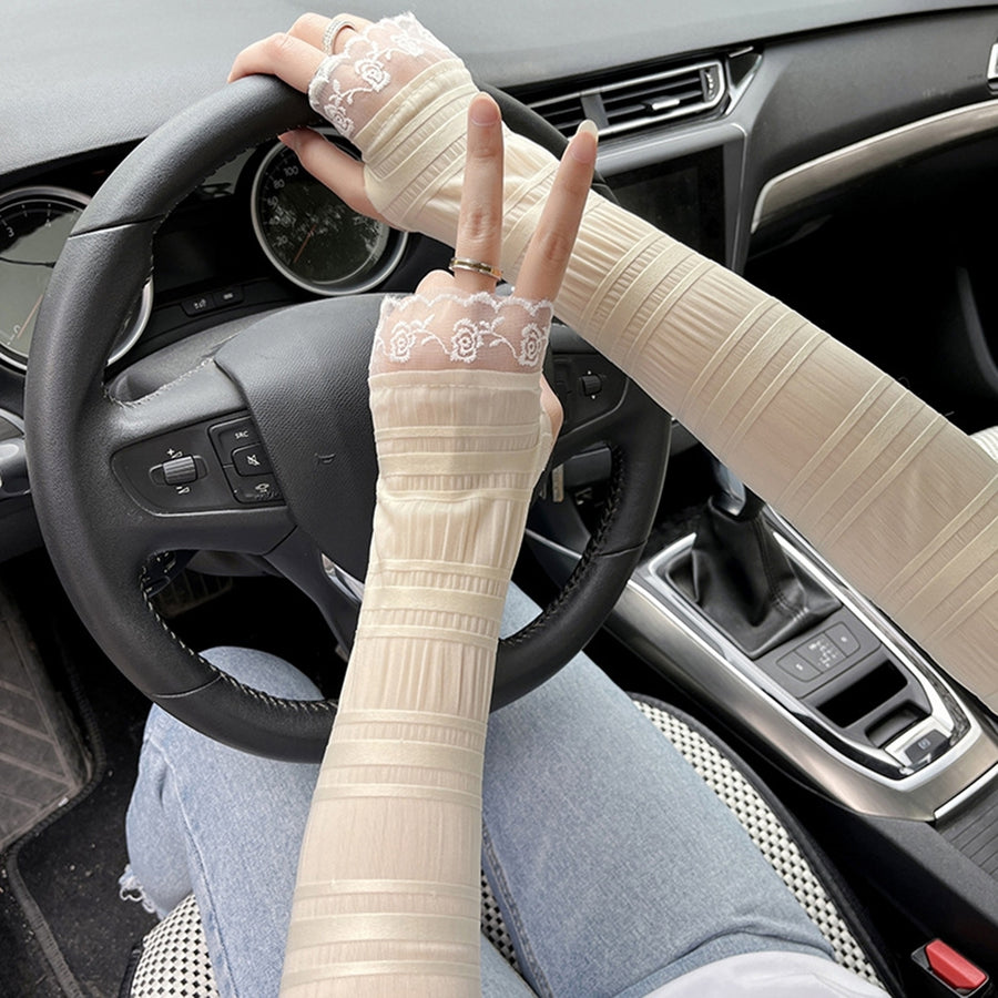 1 Pair Lace Stitching Thumbhole Design Pleated Ice Silk Arm Sleeves Summer Ice Fabric Running Cycling Arm Covers Cycling Image 1