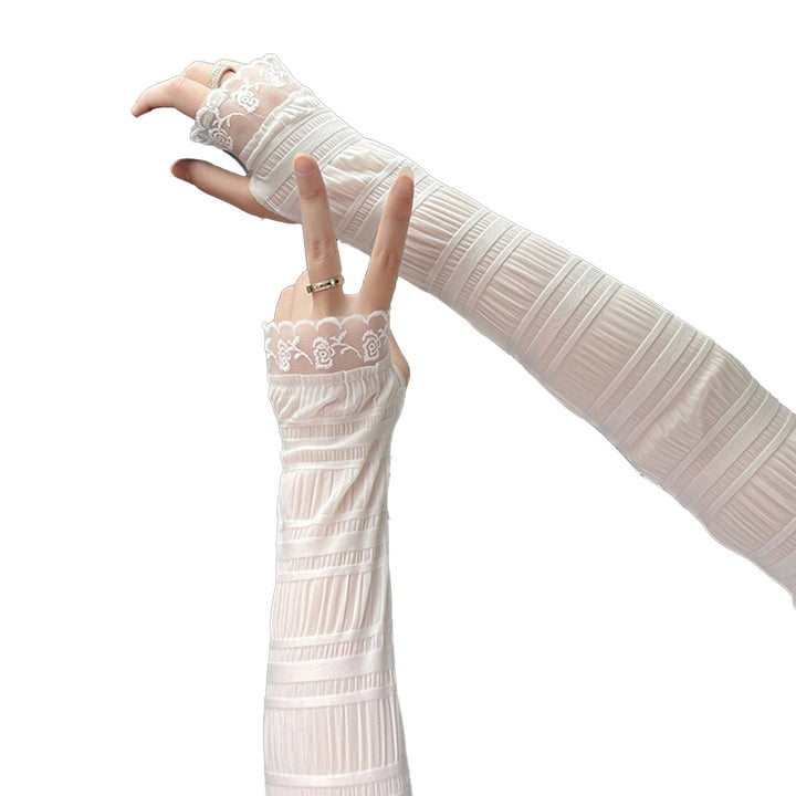 1 Pair Lace Stitching Thumbhole Design Pleated Ice Silk Arm Sleeves Summer Ice Fabric Running Cycling Arm Covers Cycling Image 3