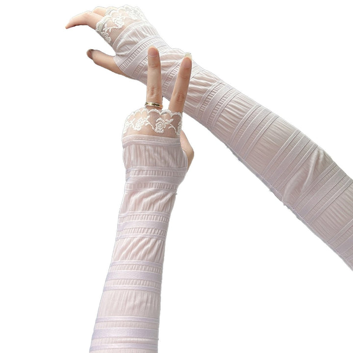 1 Pair Lace Stitching Thumbhole Design Pleated Ice Silk Arm Sleeves Summer Ice Fabric Running Cycling Arm Covers Cycling Image 1