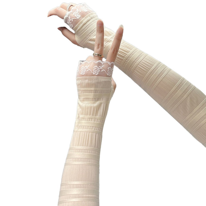 1 Pair Lace Stitching Thumbhole Design Pleated Ice Silk Arm Sleeves Summer Ice Fabric Running Cycling Arm Covers Cycling Image 1