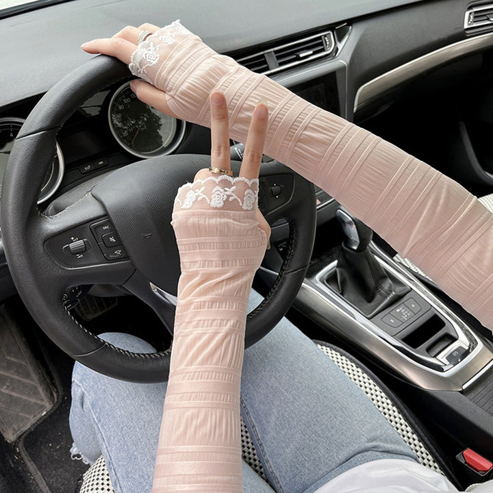 1 Pair Lace Stitching Thumbhole Design Pleated Ice Silk Arm Sleeves Summer Ice Fabric Running Cycling Arm Covers Cycling Image 12